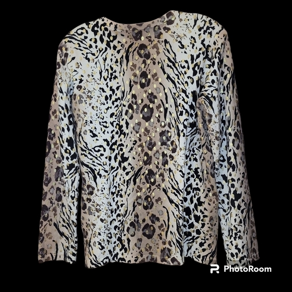 ♥️Liz Claiborne animal print metallic detail crewneck button front cardigan - Picture 4 of 8